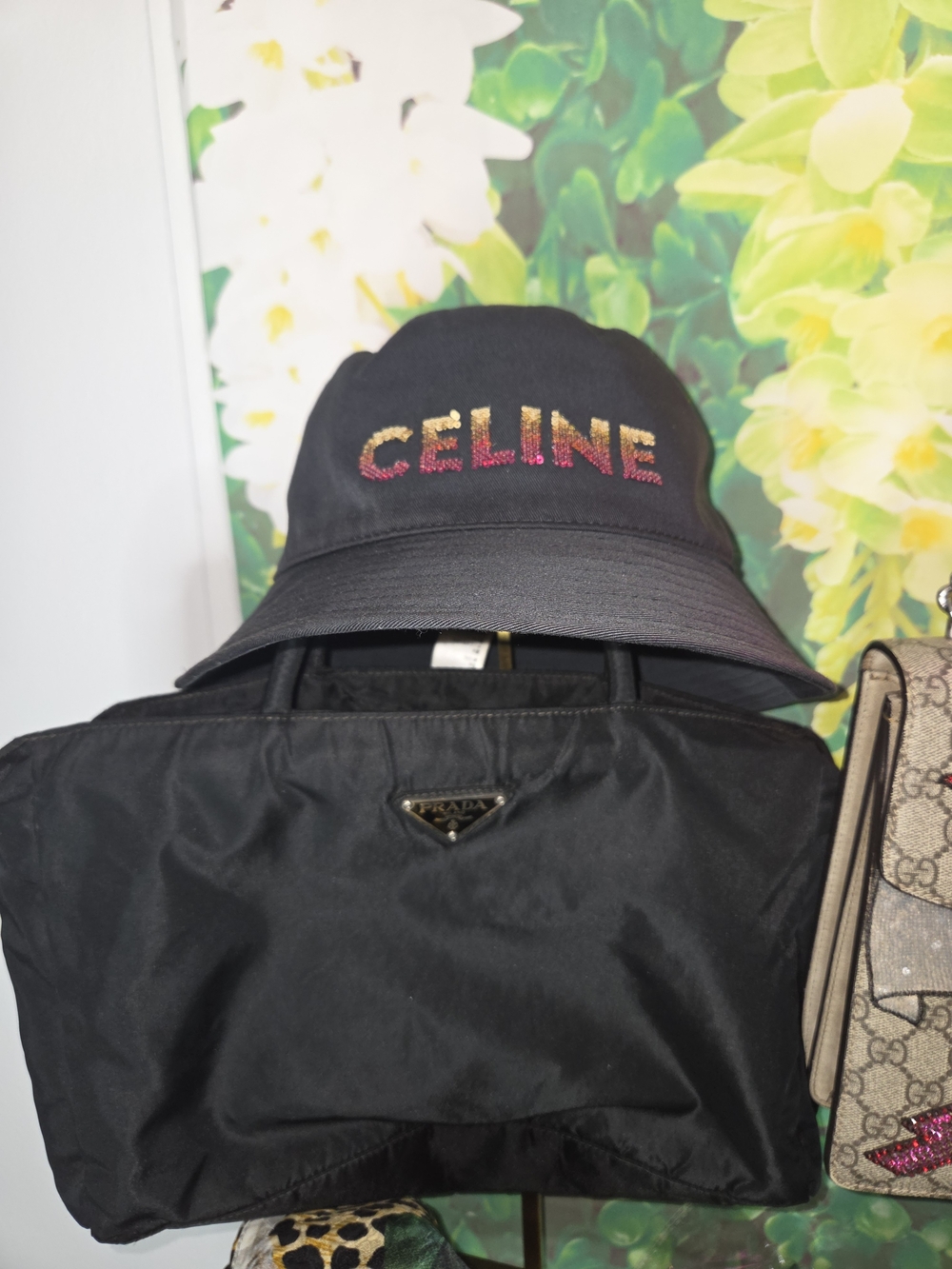 Celine Black Bucket Hat with Gradient Multicolor Logo